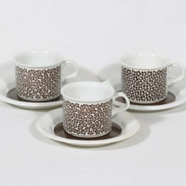 Arabia Faenza kahvikupit, Ruskeakukka, 3 kpl, suunnittelija Inkeri Seppälä, Ruskeakukka, serikuva, retro