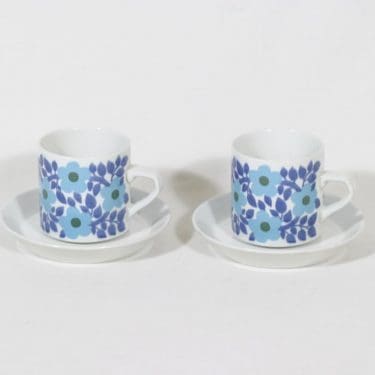 Arabia Ahmet kahvikupit, sininen, 2 kpl, suunnittelija Raija Uosikkinen, serikuva, retro