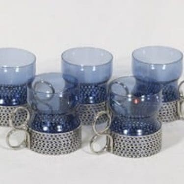 Iittala Tsaikka teelasit, sininen, 5 kpl, suunnittelija Timo Sarpaneva, metallikahva