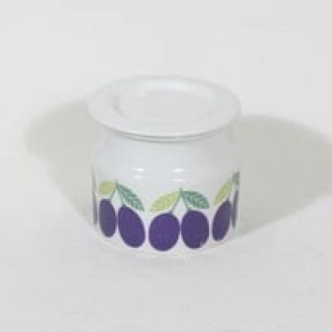 Arabia Pomona purnukka, luumu, suunnittelija Raija Uosikkinen, luumu, serikuva, retro