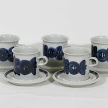 Arabia Anemone kaakaokupit, käsinmaalattu, 5 kpl, suunnittelija Ulla Procope, käsinmaalattu, signeerattu