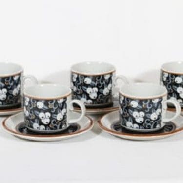 Arabia Taika teekupit, 5 kpl, suunnittelija Inkeri Seppälä, serikuva, retro