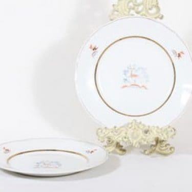 Arabia Kauris lautaset, matala, 2 kpl, suunnittelija Tyra Lungren, matala, siirtokuva, kultaraita