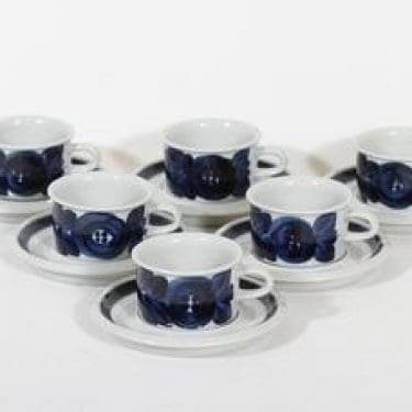 Arabia Anemone mokkakupit, käsinmaalattu, 6 kpl, suunnittelija Ulla Procope, käsinmaalattu, signeerattu, retro