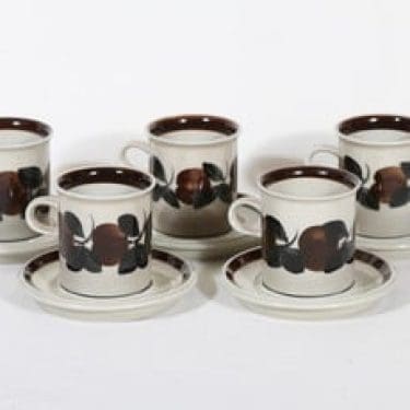 Arabia Ruija kahvikupit, käsinmaalattu, 5 kpl, suunnittelija Raija Uosikkinen, käsinmaalattu, retro