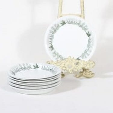 Arabia Polaris lautaset, 9 kpl, suunnittelija Raija Uosikkinen, pieni, matala, siirtokuvakoriste