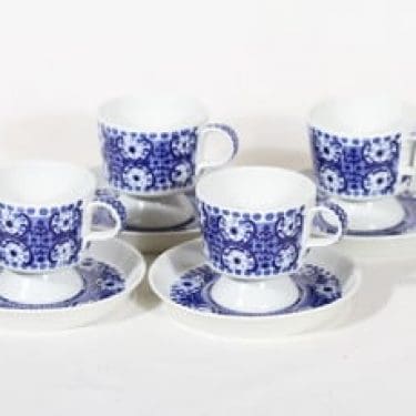 Arabia Ali kahvikupit, sininen, 4 kpl, suunnittelija Raija Uosikkinen, kuparipainokoriste