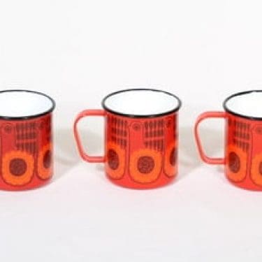 Finel mukit, punainen, 3 kpl, suunnittelija Raija Uosikkinen, serikuva, retro