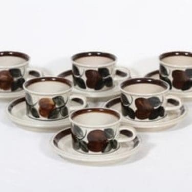 Arabia Ruija mokkakupit, käsinmaalattu, 6 kpl, suunnittelija Raija Uosikkinen, käsinmaalattu, pieni