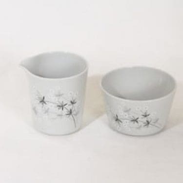 Arabia Lumikukka sokerikko ja kermakko, harmaa, suunnittelija Raija Uosikkinen, serikuva