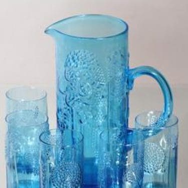 Nuutajärvi Flora kaadin ja lasit, turkoosi, 5 kpl, suunnittelija Oiva Toikka,