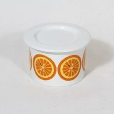 Arabia Pomona purnukka, appelsiini, suunnittelija Raija Uosikkinen, appelsiini, pieni, serikuva, retro