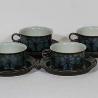 Arabia S teekupit, käsinmaalattu, 4 kpl, suunnittelija Hilkka-Liisa Ahola, käsinmaalattu, signeerattu