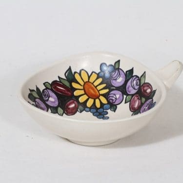 Kupittaan savi kulho, käsinmaalattu, suunnittelija Gudrun Raunio, käsinmaalattu, pieni, signeerattu