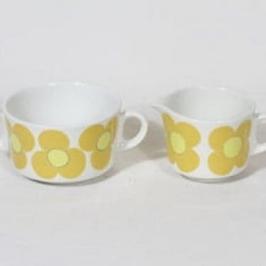 Arabia Aurinko sokerikko ja kermakko, keltainen, suunnittelija Esteri Tomula, serikuva, retro