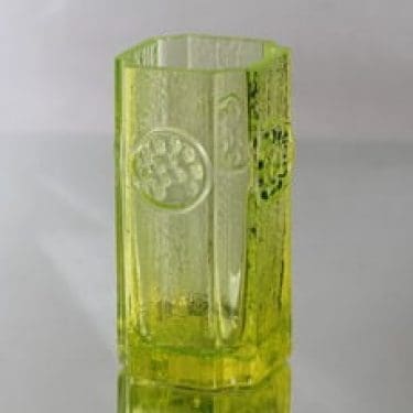 Riihimäen lasi Rondella maljakko, keltainen, suunnittelija Tamara Aladin, massiivinen, retro