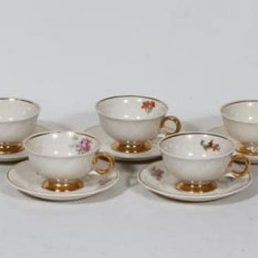 Arabia Kultakoriste mokkakupit, 5 kpl, suunnittelija , siirtokuva, kultaraita