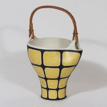 Kupittaan savi keramiikkakori, käsinmaalattu, suunnittelija Orvokki Laine, käsinmaalattu, signeerattu, retro