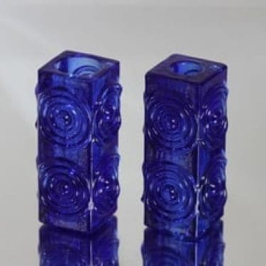 Riihimäen lasi Rengas kynttilänjalat, koboltinsininen, 2 kpl, suunnittelija Tamara Aladin, retro