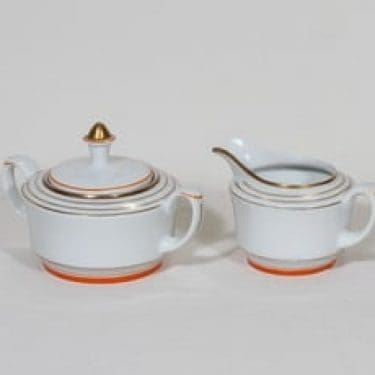 Arabia Raitakulta sokerikko ja kermakko, suunnittelija Greta-lisa Jäderholm-Snellman, raitakoriste, art deco