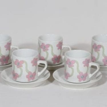 Arabia Villiruusu kahvikupit, 5 kpl, suunnittelija Laila Hakala, serikuva, retro