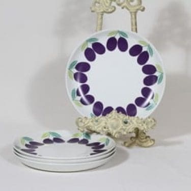 Arabia Pomona lautaset, pieni, 4 kpl, suunnittelija Raija Uosikkinen, pieni, luumu, serikuva