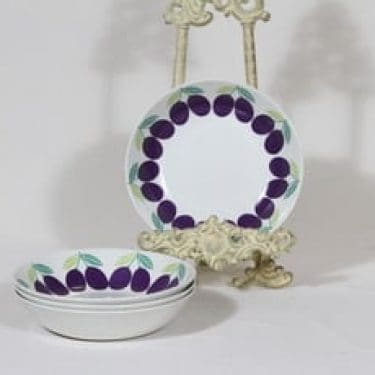 Arabia Pomona lautaset, syvä, 4 kpl, suunnittelija Raija Uosikkinen, syvä, luumu, serikuva