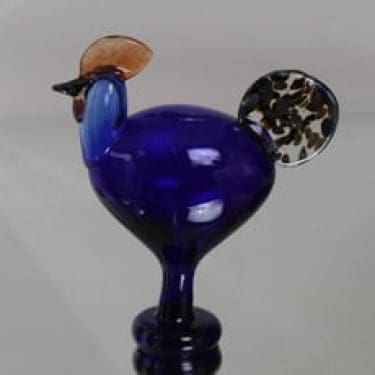 Nuutajärvi koristelintu, Kukko Sininen 25v, suunnittelija Oiva Toikka, Kukko Sininen 25v, signeerattu