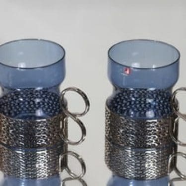 Iittala Tsaikka teelasit, sininen, 2 kpl, suunnittelija Timo Sarpaneva, metallikahva