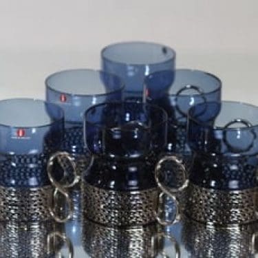 Iittala Tsaikka teelasit, sininen, 6 kpl, suunnittelija Timo Sarpaneva, metallikahva