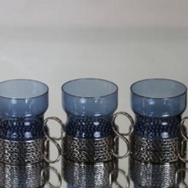 Iittala Tsaikka teelasit, sininen, 3 kpl, suunnittelija Timo Sarpaneva, metallikahva