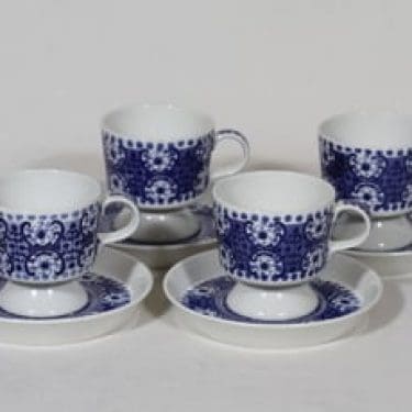 Arabia Ali kahvikupit, sininen, 4 kpl, suunnittelija Raija Uosikkinen, kuparipainokoriste