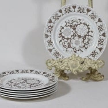 Arabia Gardenia lautaset, ruskea, 6 kpl, suunnittelija Esteri Tomula, pieni, serikuva