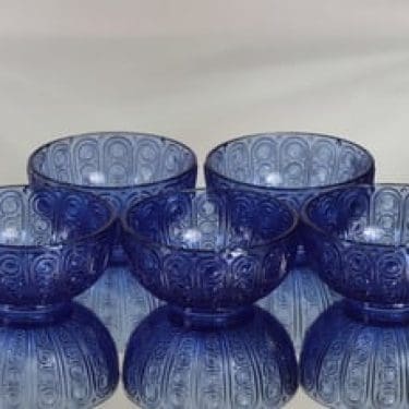 Riihimäen lasi Riikinkukko annoskulhot, sininen, 5 kpl, suunnittelija Nanny Still,