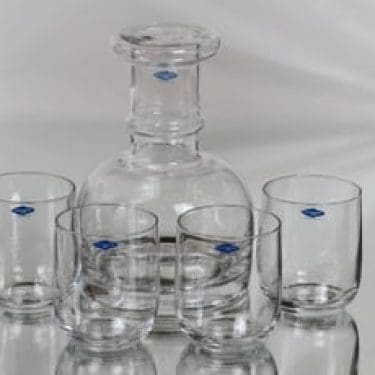 Nuutajärvi Herttua karahvi ja lasit, kirkas, 4 kpl, suunnittelija Heikki Orvola,