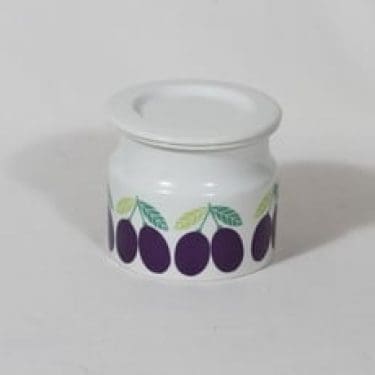 Arabia Pomona purnukka, luumu, suunnittelija Raija Uosikkinen, luumu, serikuva, retro