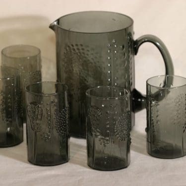 Nuutajärvi Flora mehukaadin ja lasit, 5 kpl, suunnittelija Oiva Toikka,