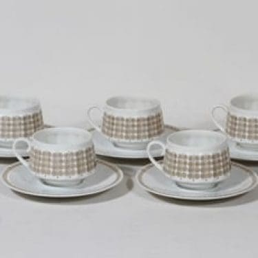 Arabia Pallas kahvikupit, 5 kpl, suunnittelija Raija Uosikkinen, ornamentti, kultakoriste