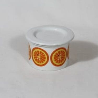 Arabia Pomona purnukka, appelsiini, suunnittelija Raija Uosikkinen, appelsiini, pieni, serikuva, retro