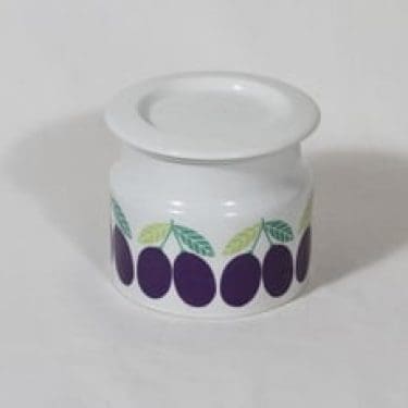 Arabia Pomona purnukka, luumu, suunnittelija Raija Uosikkinen, luumu, serikuva, retro