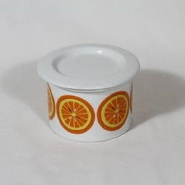 Arabia Pomona purnukka, appelsiini, suunnittelija Raija Uosikkinen, appelsiini, pieni, serikuva, retro