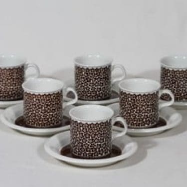 Arabia Faenza kahvikupit, Ruskeakukka, 6 kpl, suunnittelija Inkeri Seppälä, Ruskeakukka, serikuva