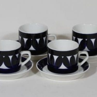 Arabia Sotka teekupit, käsinmaalattu, 4 kpl, suunnittelija Raija Uosikkinen, käsinmaalattu, retro