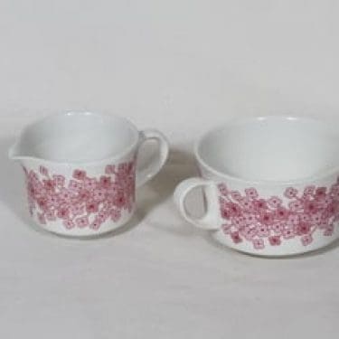 Arabia Leena sokerikko ja kermakko, punainen, suunnittelija Raija Uosikkinen, serikuva, retro