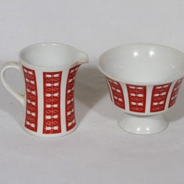 Arabia Hilppa sokerikko ja kermakko, punainen, suunnittelija Esteri Tomula, serikuva