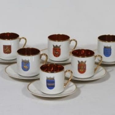 Arabia Vaakuna mokkakupit, 6 kpl, suunnittelija , serikuva, kullattu