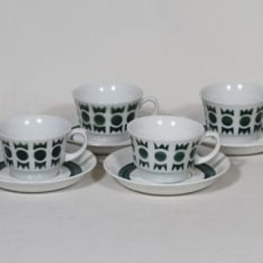 Arabia retrokuvio kahvikupit, vihreä, 4 kpl, suunnittelija Greta-Lisa Jäderholm-Snellman, puhalluskoriste, retro