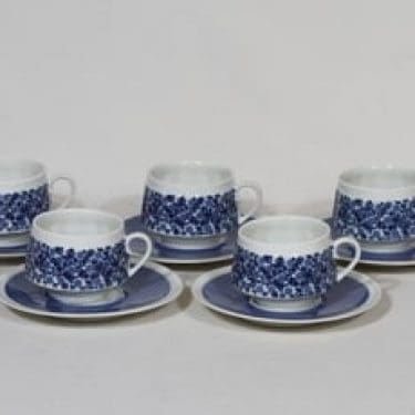 Arabia Doria kahvikupit, sininen, 5 kpl, suunnittelija Raija Uosikkinen, serikuva