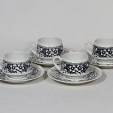 Arabia Talvikki kahvikupit, musta, 4 kpl, suunnittelija Raija Uosikkinen, serikuva