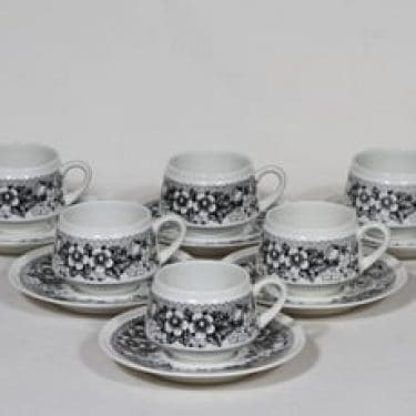 Arabia Talvikki kahvikupit, musta, 6 kpl, suunnittelija Raija Uosikkinen, serikuva